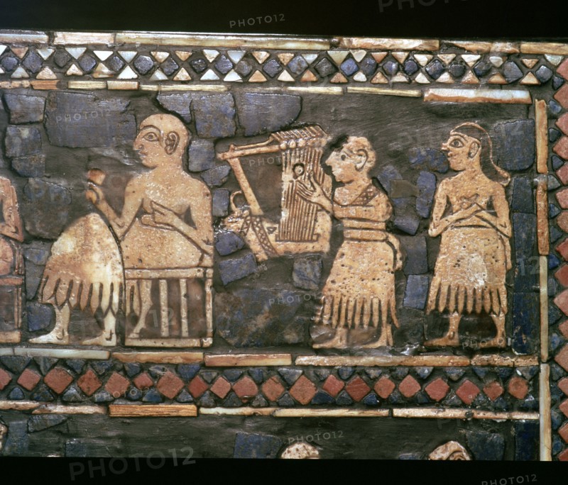 Detail of the standard of Ur showing a Sumerian Harpist and a Ruler, about 2600-2400 BC. Artist: Unknown