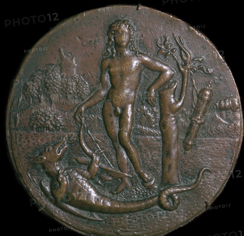 Bronze medallion of Apollo and the serpent Python, 16th century. Artist: Unknown
