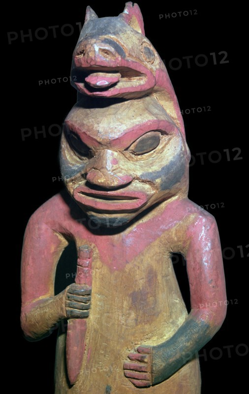 Nootka Sound Native American figure of a man wearing a bear's skin. Artist: Unknown