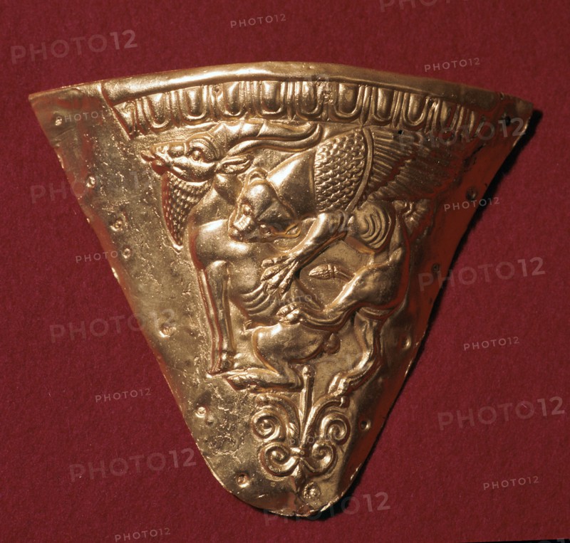 Scythian gold plate showing a winged panther attacking a goat. Artist: Unknown