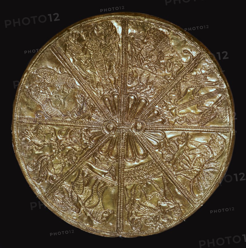 Gilt and engraved silver Scythian mirror, 6th century BC Artist: Unknown