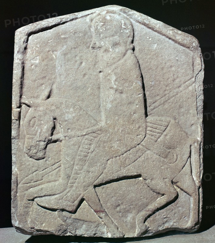 Detail of a Pictish slab showing a horseman with sword and spear, 7th century Artist: Unknown