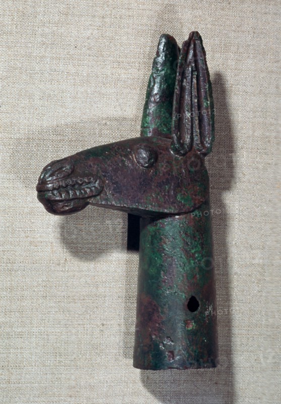 Bronze pole-top in the shape of a mule's head, 6th century BC Artist: Unknown
