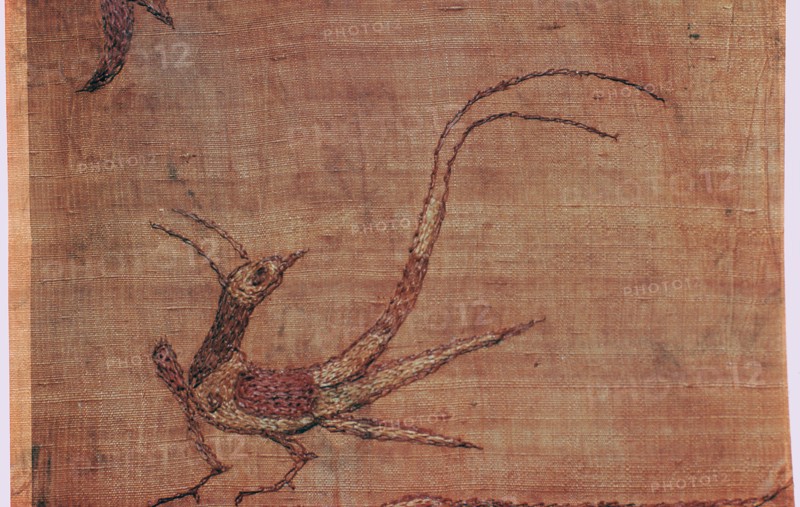 Detail of a Chinese embroidered silk tussore with a phoenix from a Scythian tomb. Artist: Unknown