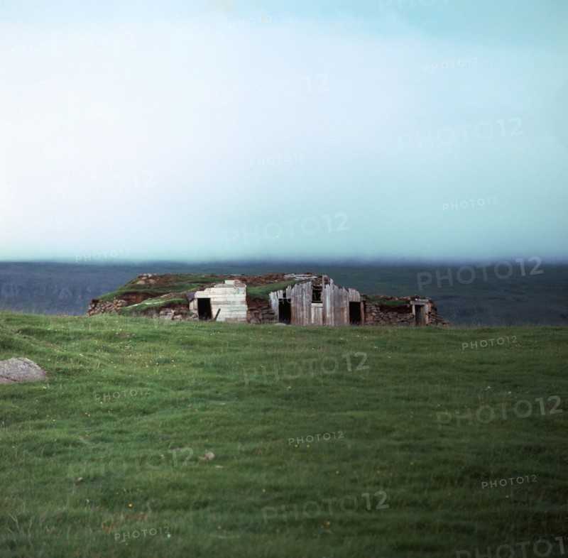 Old Viking-style Icelandic turf farm. Artist: Unknown