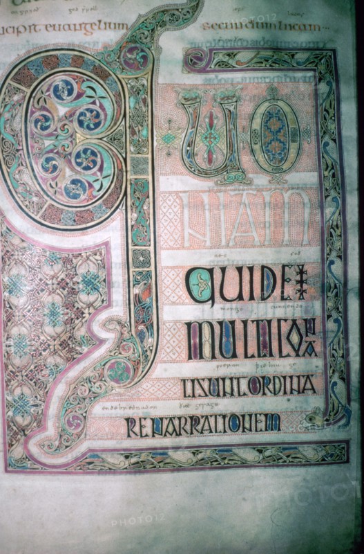 First page of St Lukes Gospel from the Lindisfarne Gospels, produced in Northumbria in the 7th centu Artist: Unknown