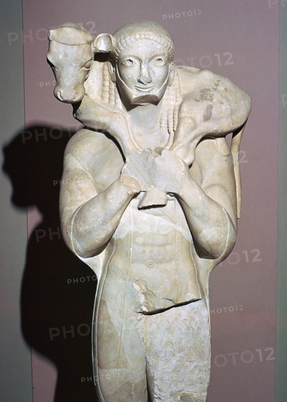 Greek sculpture known as the Moscophorus, 6th century BC. Artist: Unknown