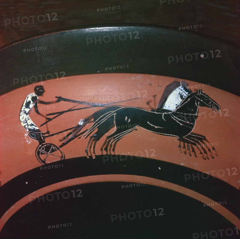 Depiction of chariot-racing on an Attic kylix, 6th century BC. Artist: Unknown