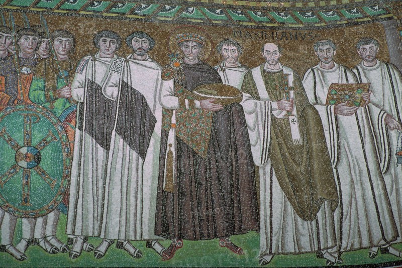 Mosaic of the Byzantine Emperor Justinian I and his court, 6th century. Artist: Unknown