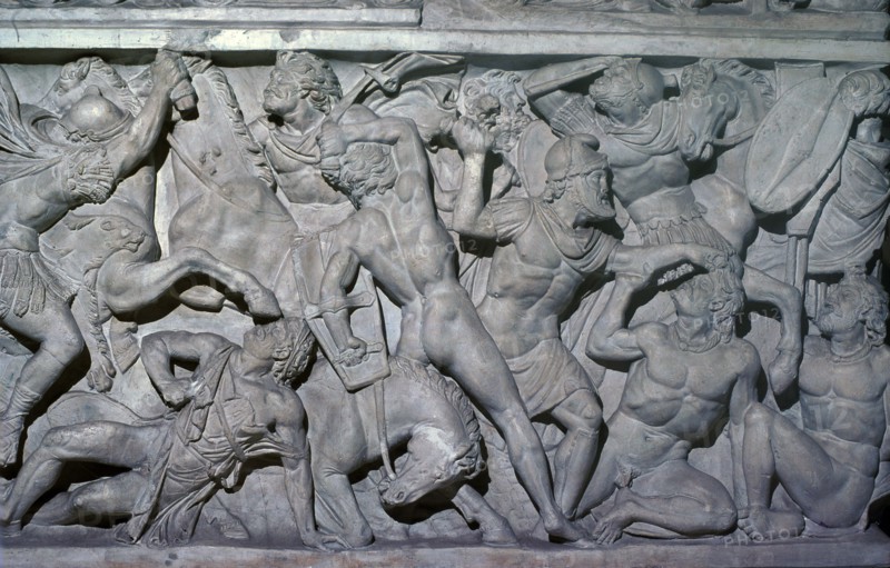 Frieze showing Roman soldiers fighting barbarians. Artist: Unknown