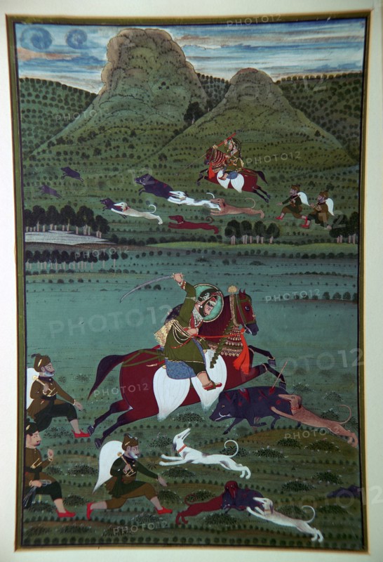 Painting of Maharana Jawan Singh hunting wild boars, 19th century. Artist: Unknown