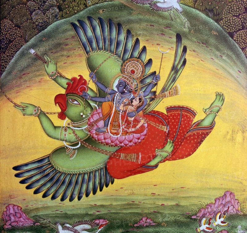 Painting of Vishnu and his consort Lakshmi riding on the bird-god Garuda. Artist: Unknown