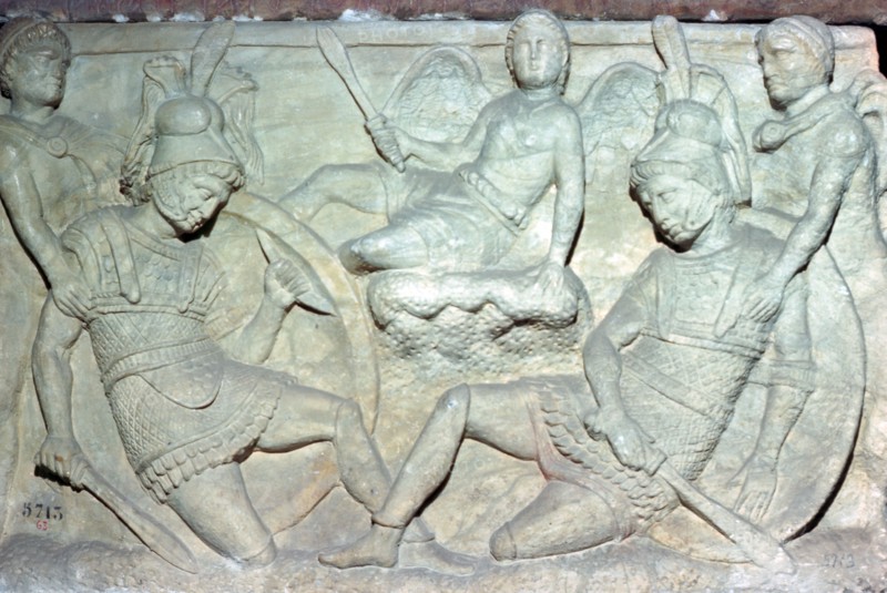 Detail of an Etruscan sarcophagus from Chiusi showing the death of Eteocles and Polynices. Artist: Unknown