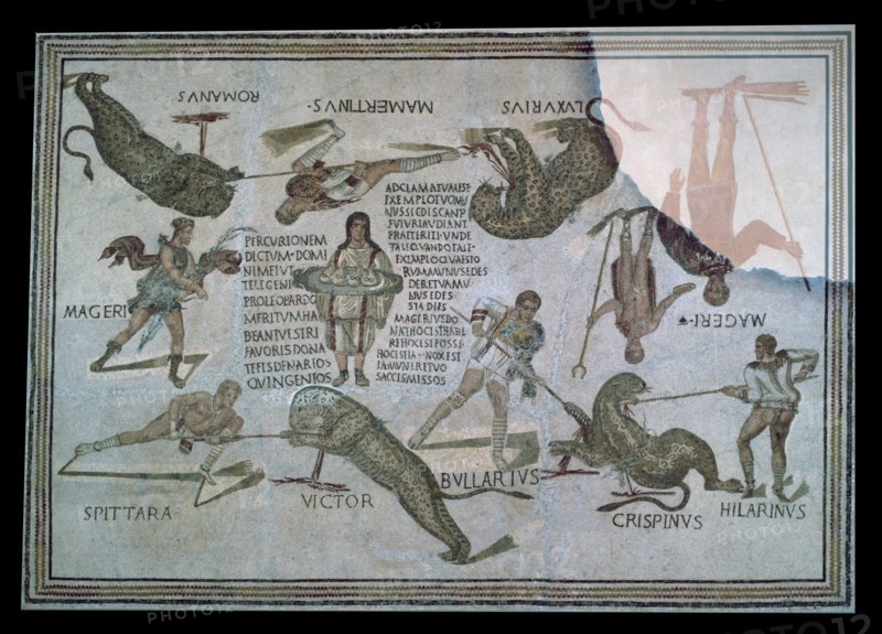 Roman mosaic of performers killing a leopard at a spectacle, 3rd century. Artist: Unknown