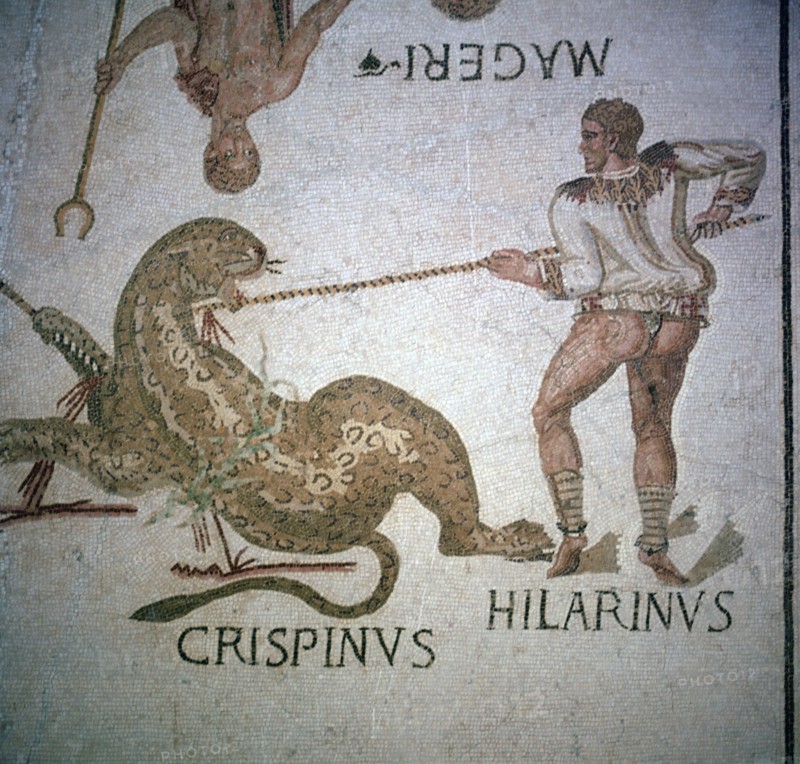 Roman mosaic of performers killing a leopard at a spectacle, 3rd century. Artist: Unknown