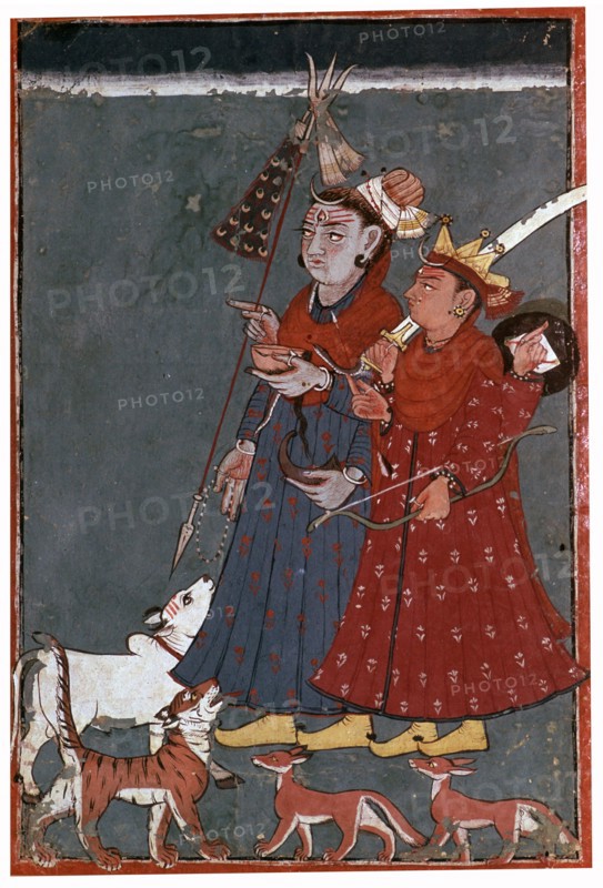 Painting of the gods Siva and Khrishna accompanied by a bull, tiger, and jackals. Artist: Unknown