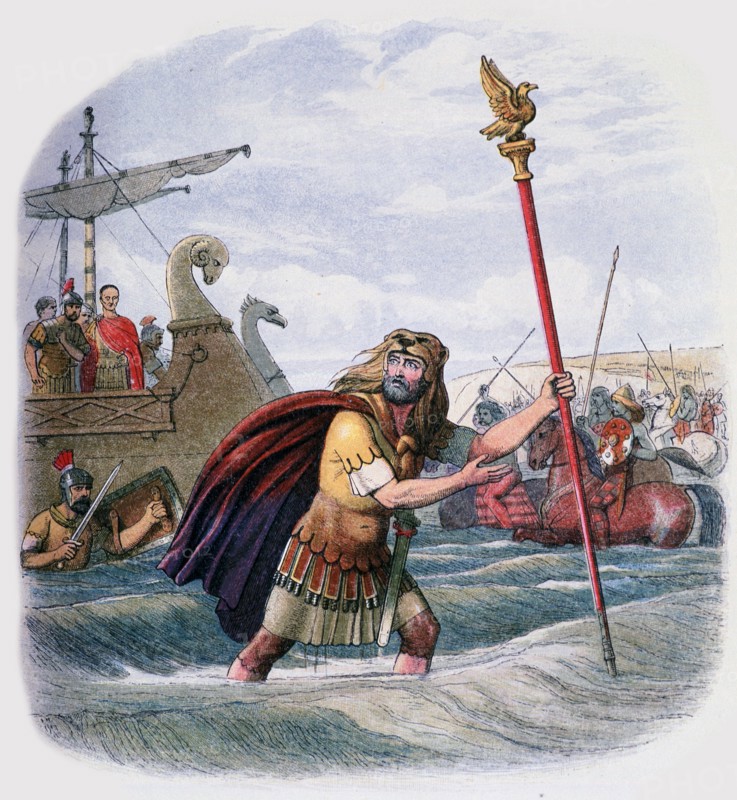Illustration of the Romans landing in Britain, 19th century. Artist: Unknown