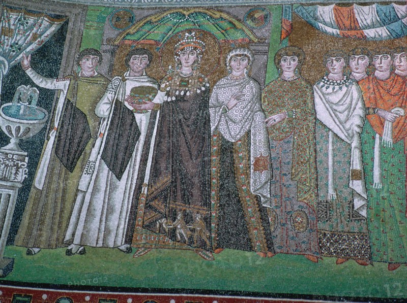 Mosaic of the Byzantine Empress Theodora and her court, 6th century. Artist: Unknown