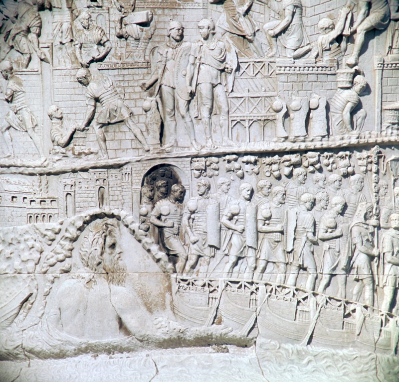 Scene from Trajan's column, River Tiber personified and pontoon bridge, 2nd century. Artist: Unknown