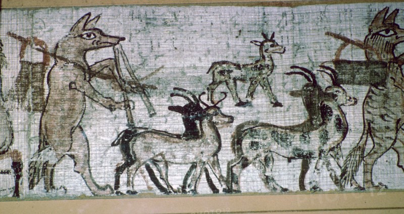 Detail from the Egyptian 'satirical papyrus' of a fox playing the pipes and leading goats. Artist: Unknown