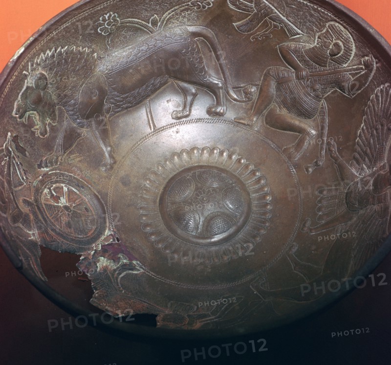 Detail of a lion-hunt on the inside of a bronze bowl, 8th century BC. Artist: Unknown