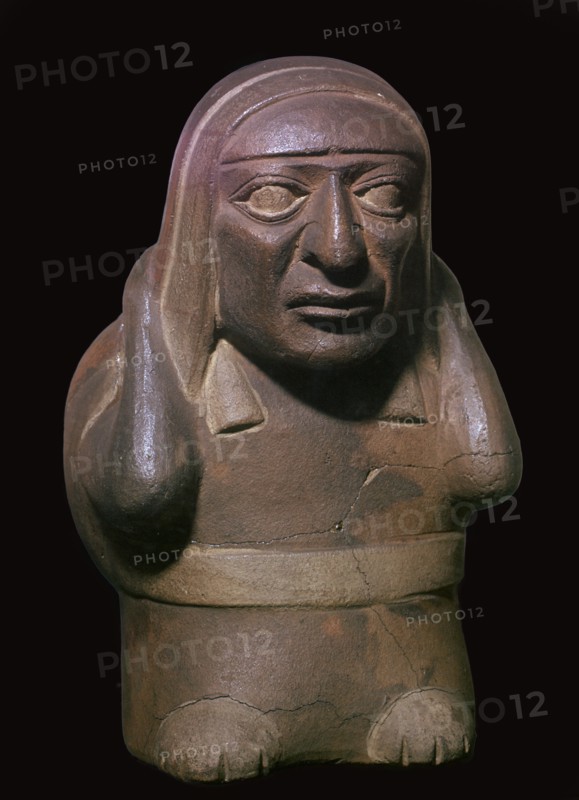 Peruvian earthenware jar in the form of a squatting figure, 5th century BC. Artist: Unknown