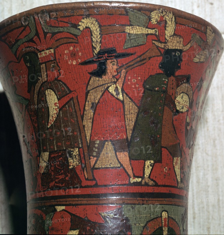Incan beaker showing Spaniards and Peruvians, c.17th century. Artist: Unknown