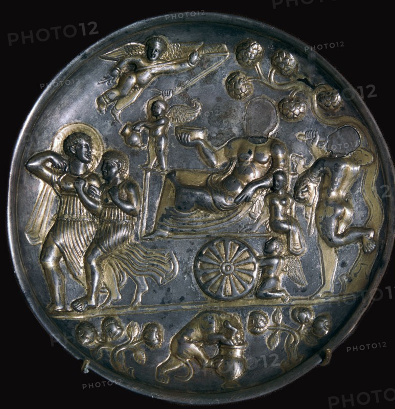 Parthian silver dish showing Dionysus with Ariadne. Artist: Unknown