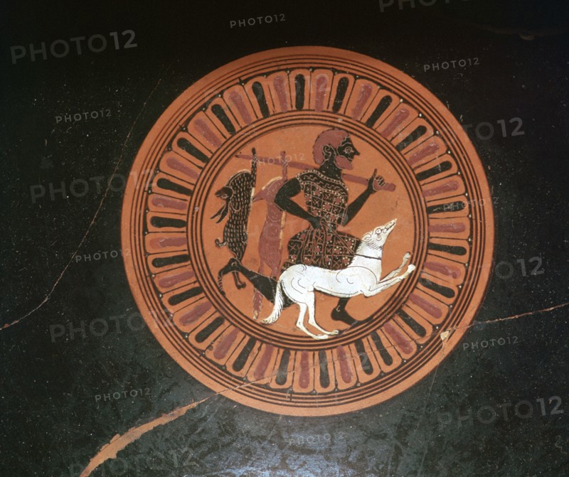 Detail of a Greek kylix showing a hunter and his dog. Artist: Unknown