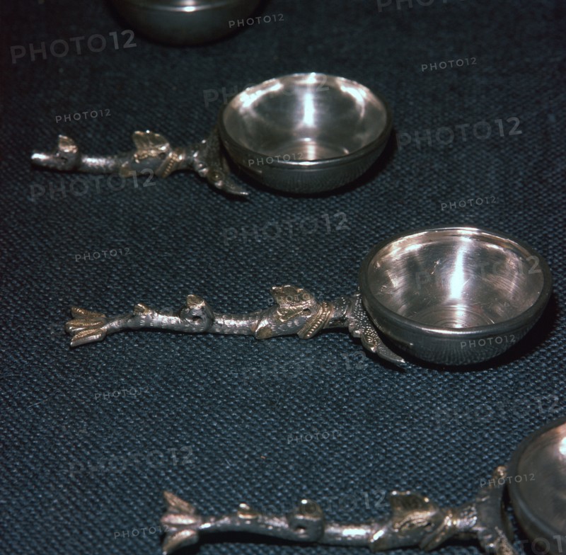 Roman silver and gilt ladles with handles cast in the form of dolphins, 4th century. Artist: Unknown