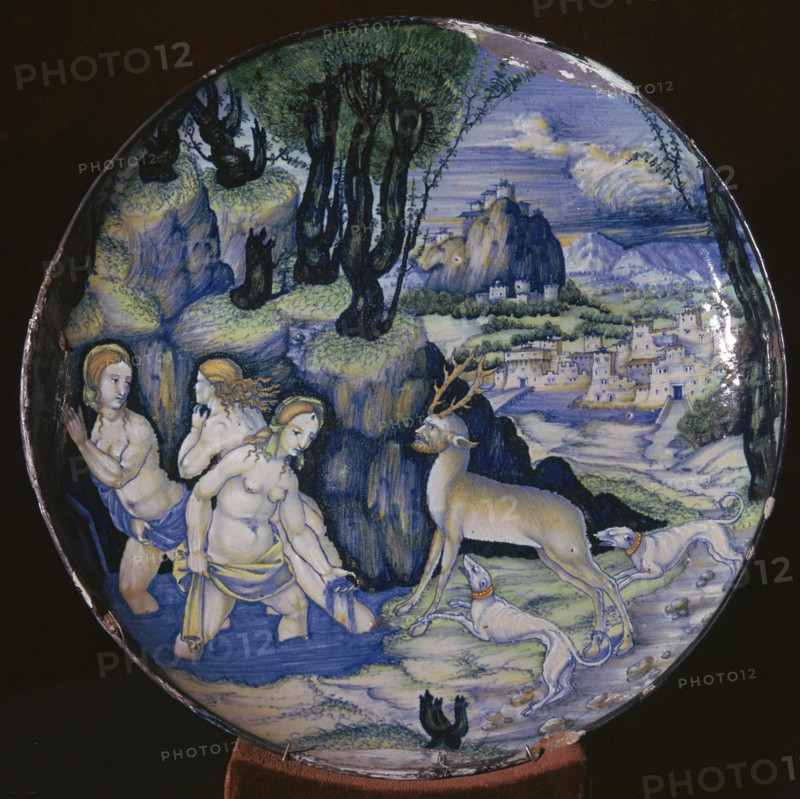 Italian earthenware plate showing Artemis turning Actaeon into a stag. Artist: Unknown