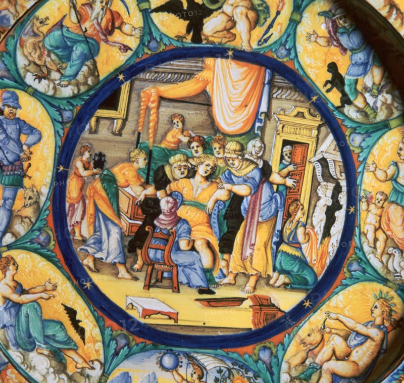 Italian earthenware plate showing the birth of Hercules. Artist: Unknown