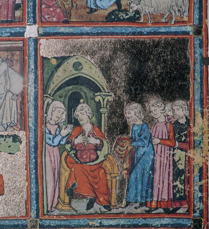 Joseph's brothers showing their father his bloodstained coat, 14th century. Artist: Unknown
