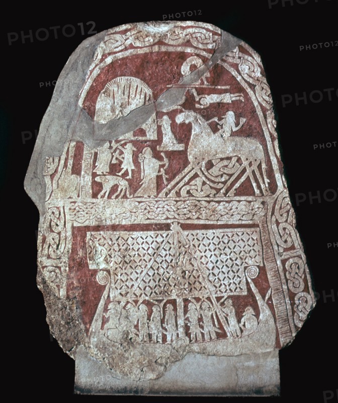 Viking runestone with a ship and the eight-legged horse Sleipnir, 8th century. Artist: Unknown
