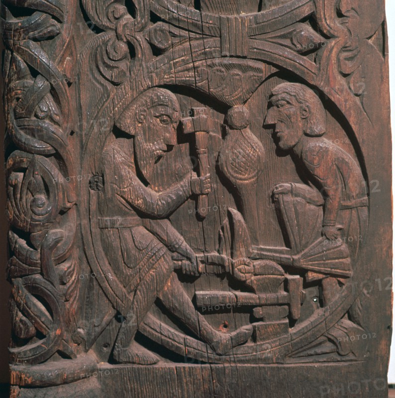 Regin the smith forging the sword of Sigurd's father, 12th-13th century. Artist: Unknown