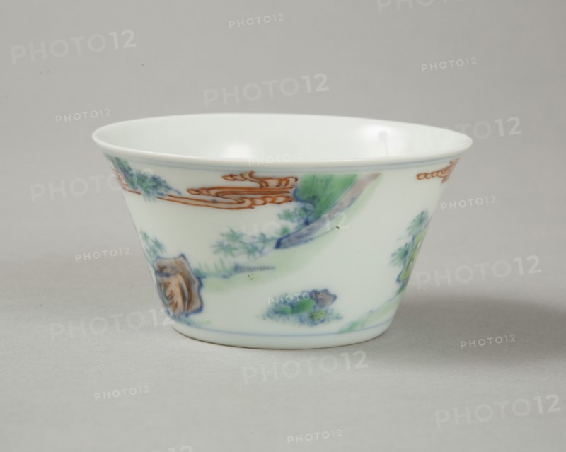 Doucai flared cup with two figures in a landscape, late Kangxi period (1700-1722). Artist: Unknown.