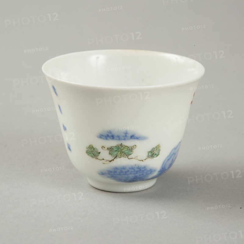 Polychrome and underglaze blue month cup with enamel decoration, 1980s. Artist: Unknown.