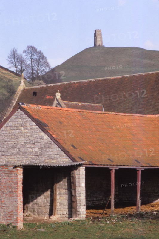 GlastonburyTor and ancient Tithebarn in foreground, Somerset, 20th century. Artist: CM Dixon.