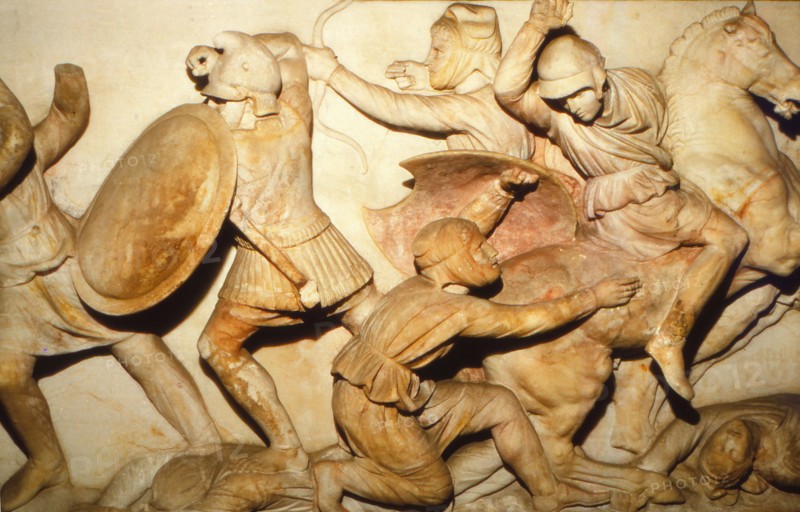 Greeks fight Persians, the Alexander Sarcophagus, Sidon, 4th century BC, (20th century). Artist: Unknown.