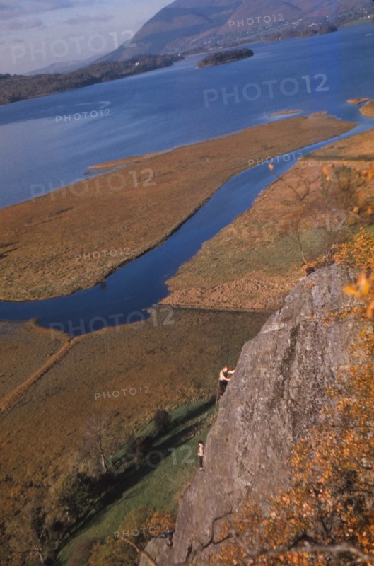 Climbers on Shepherds Crag, Derwentwater, Borrowdale, Lake District, Cumberland, 20th century. Artist: CM Dixon.