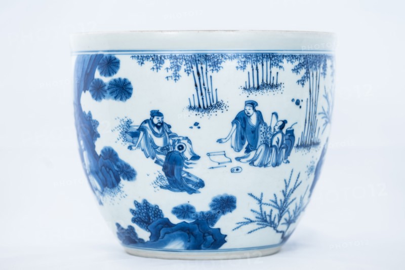 Deep blue and white fish bowl of sages in bamboo grove, 1630-1650. Artist: Unknown.