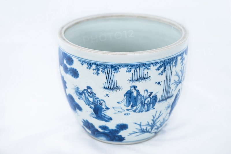 Deep blue and white fish bowl of sages in bamboo grove, 1630-1650. Artist: Unknown.