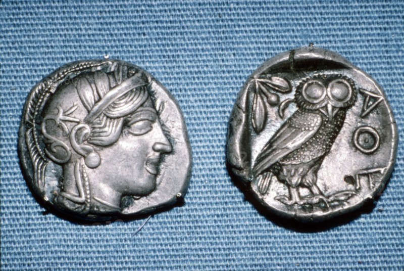Tetradrachm, Greek Coin, Silver Head of Athena and Owl, mid to late 5th century BC. Artist: Unknown.