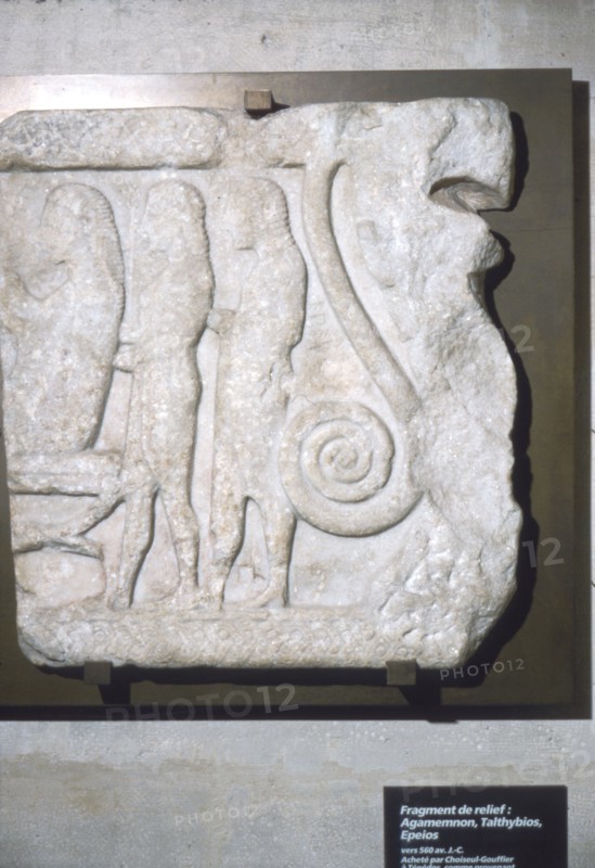 Greek relief, Agamemnon seated left with Talthybis and Epeios, c5th century BC. Artist: Unknown.