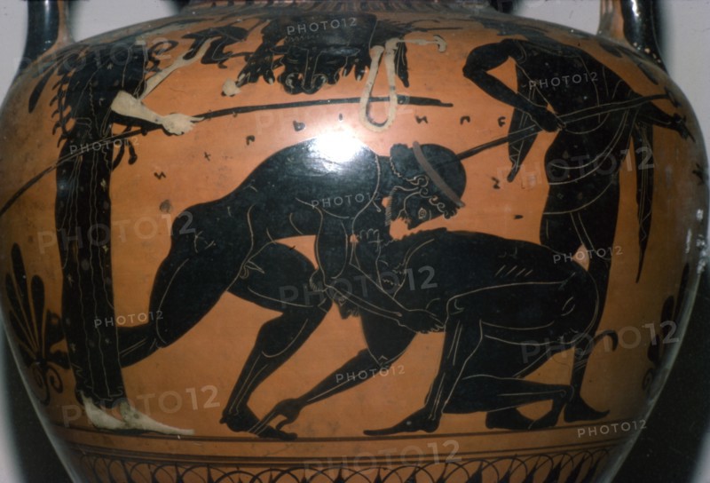 Heralles and Antaios, detail on Greek Neck-Amphora, c520BC-c510 BC.  Artist: Leagros Group.