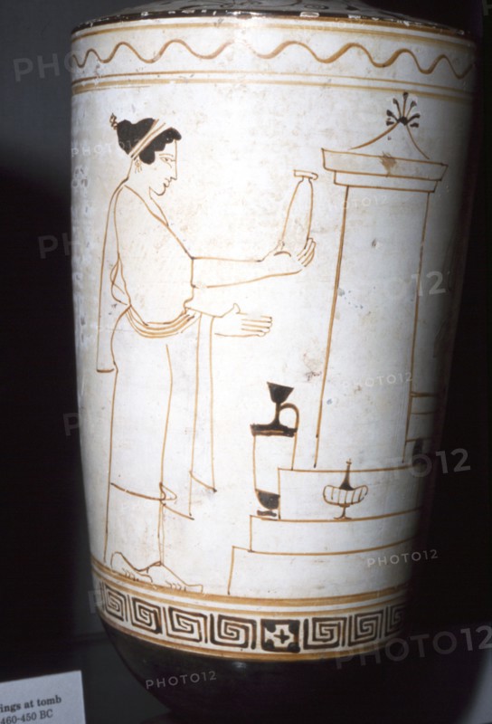 Greek Vase Painting, Woman with Offerings at a Tomb, 460-450 BC.