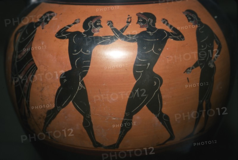 Greek Vase,  Black-figure Amphora depicting Boxing Scene, c6th century BC. Artist: Unknown.