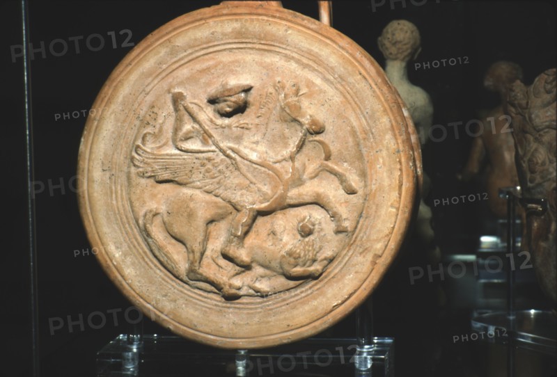 Terracotta Flask with moulded medallion, Bellerophon killing the Chimaera, c300BC-c250BC. Artist: Unknown.