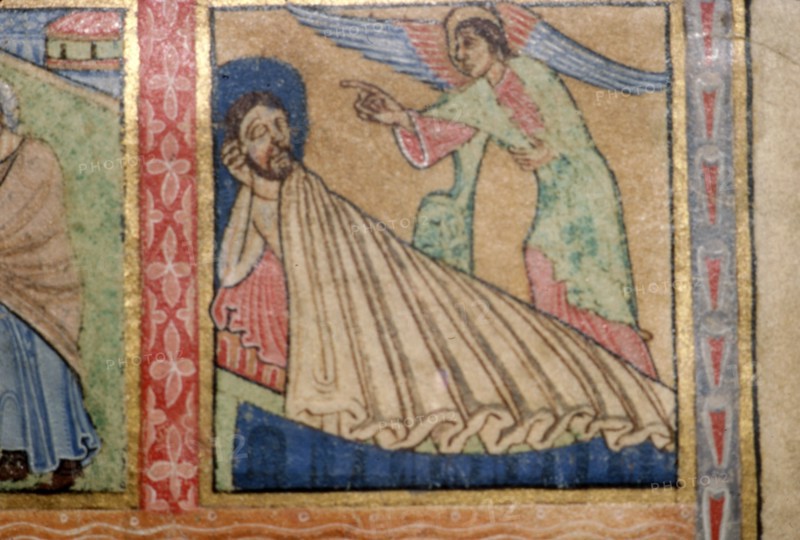 Detail of a Psalter, Angel Warns Joseph to fle to Egypt, c1140. Artist: Unknown.