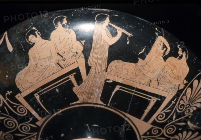 Greek Vase Painting of a Banquet, found in Etruscan tomb, Villa Giulia, Rome, c6th century BC.
